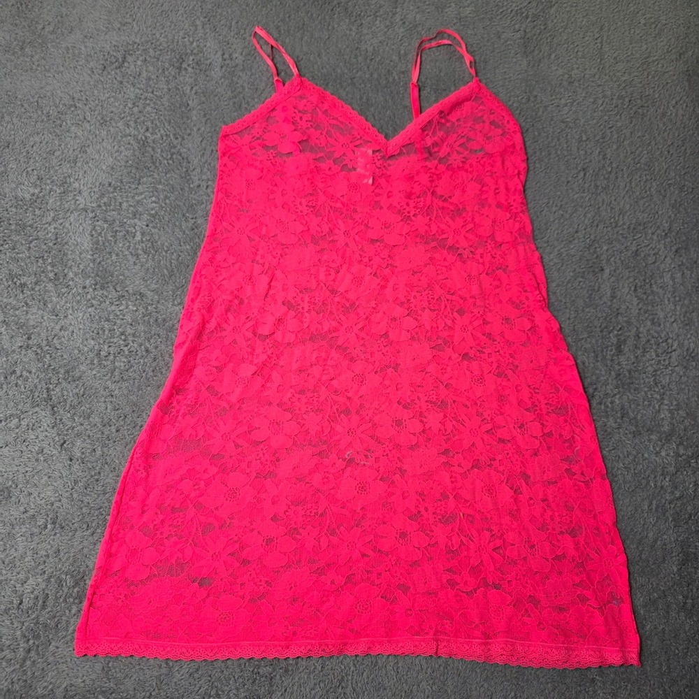 Victoria's Secret Womens M Slip Dress Neon Pink Floral Lace Sheer 390797-GTE